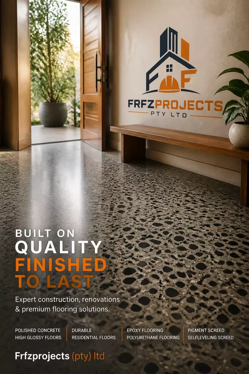FRFZPROJECTS poster with polished concrete entryway