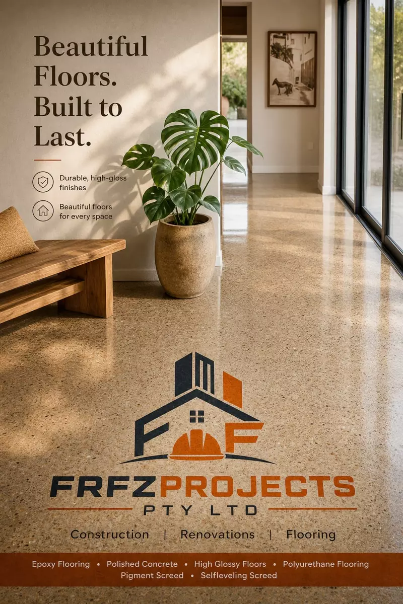 FRFZPROJECTS branded polished concrete floor in a modern interior