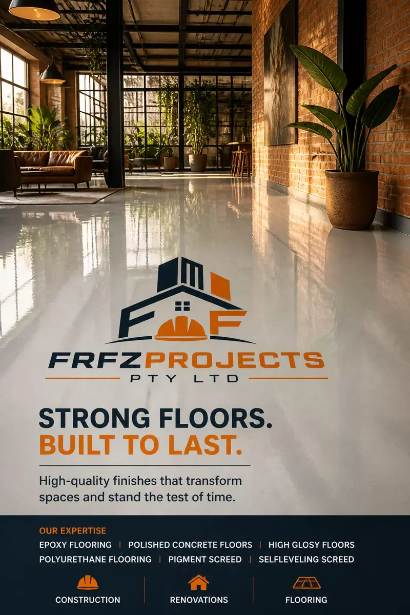 FRFZPROJECTS flyer with industrial interior and polished epoxy floor