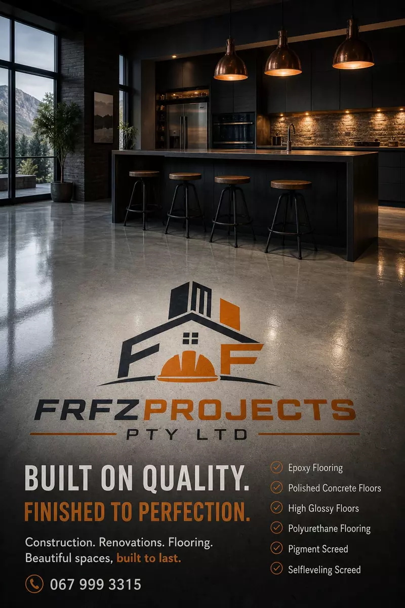 FRFZPROJECTS flooring advertisement with modern kitchen