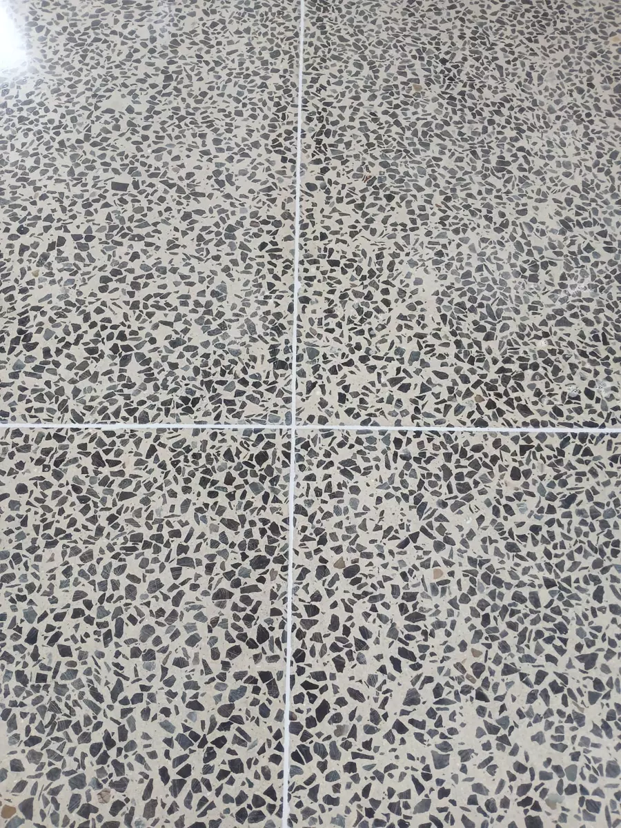 Terrazzo floor tiles meeting at a grout intersection