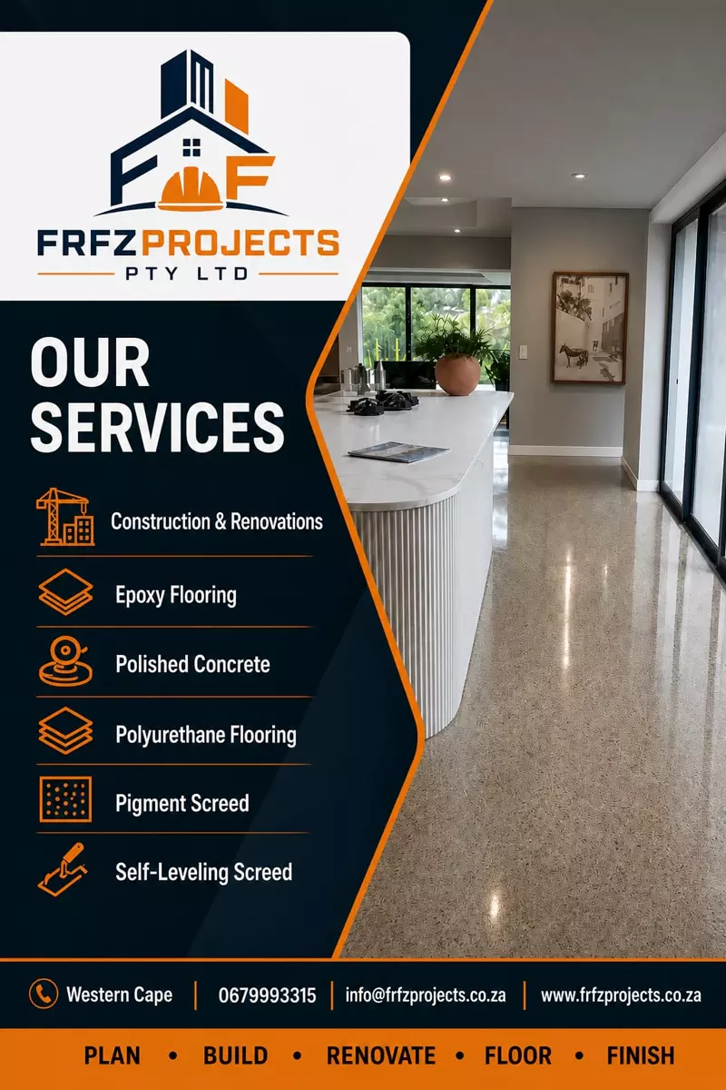 FRFZPROJECTS services flyer with polished concrete interior