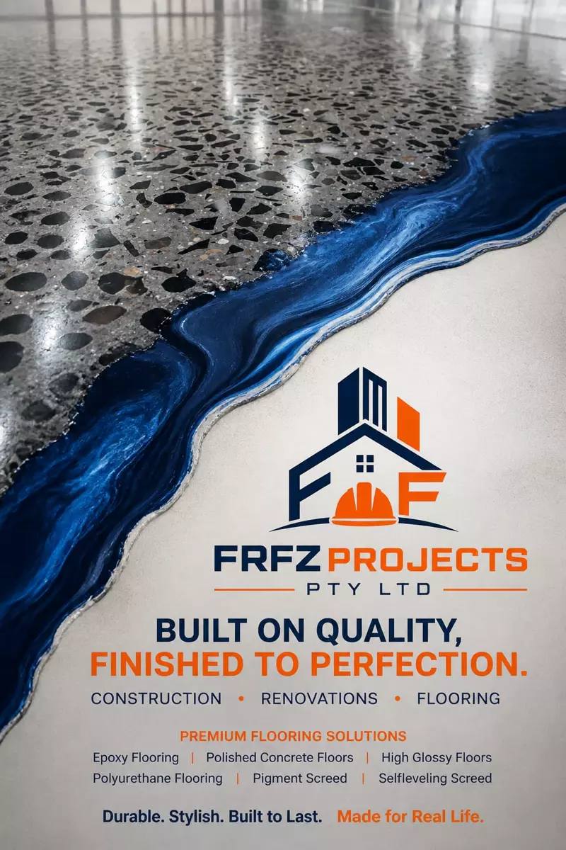 FRFZPROJECTS promotional flyer with concrete and blue epoxy
