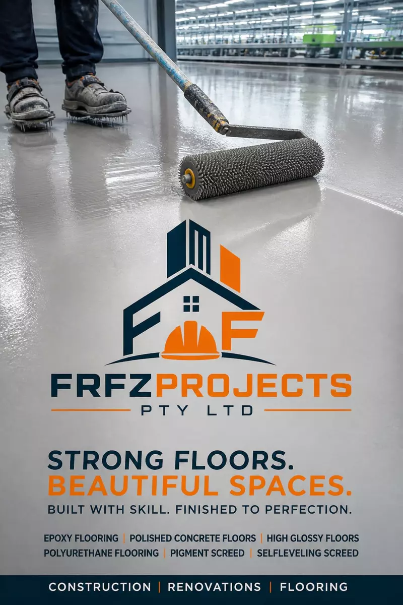 FRFZPROJECTS flyer showing a worker applying epoxy flooring