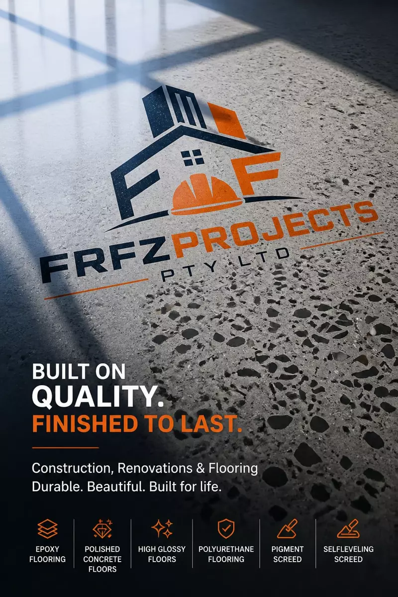 FRFZPROJECTS poster with logo on polished concrete