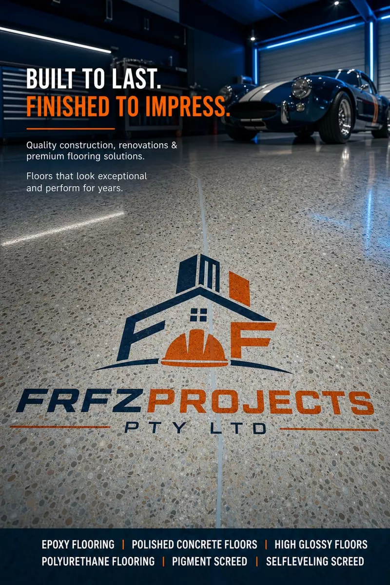 FRFZPROJECTS promotional material showing polished concrete floor and services